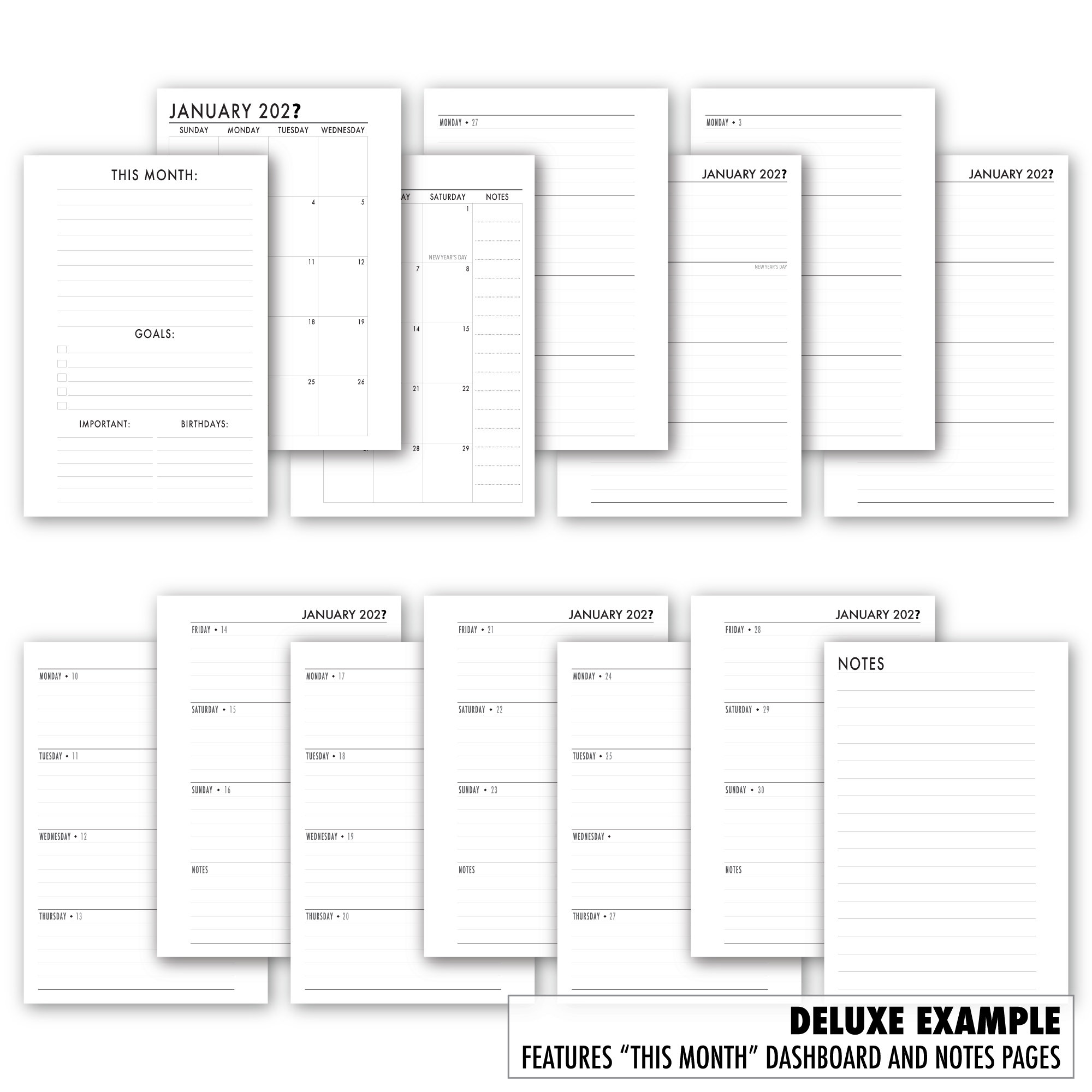 Pocket Complete Horizontal Calendar Planner Insert, Monthly & Weekly ...
