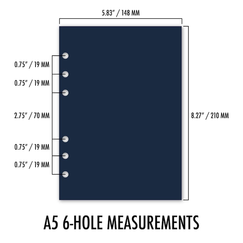 Measurement diagram showing A5 six-hole ring-bound spacing: page size 5.83 inches by 8.27 inches (148 by 210 mm), with hole spacing of 0.75 inches at top, 0.75 inches, 2.75-inch center gap, 0.75 inches, and 0.75 inches at bottom.