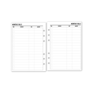 A printed monthly bill tracker with two pages. Each page has columns for paid, company, due date, and amount. The pages are designed for use in a ring binder.