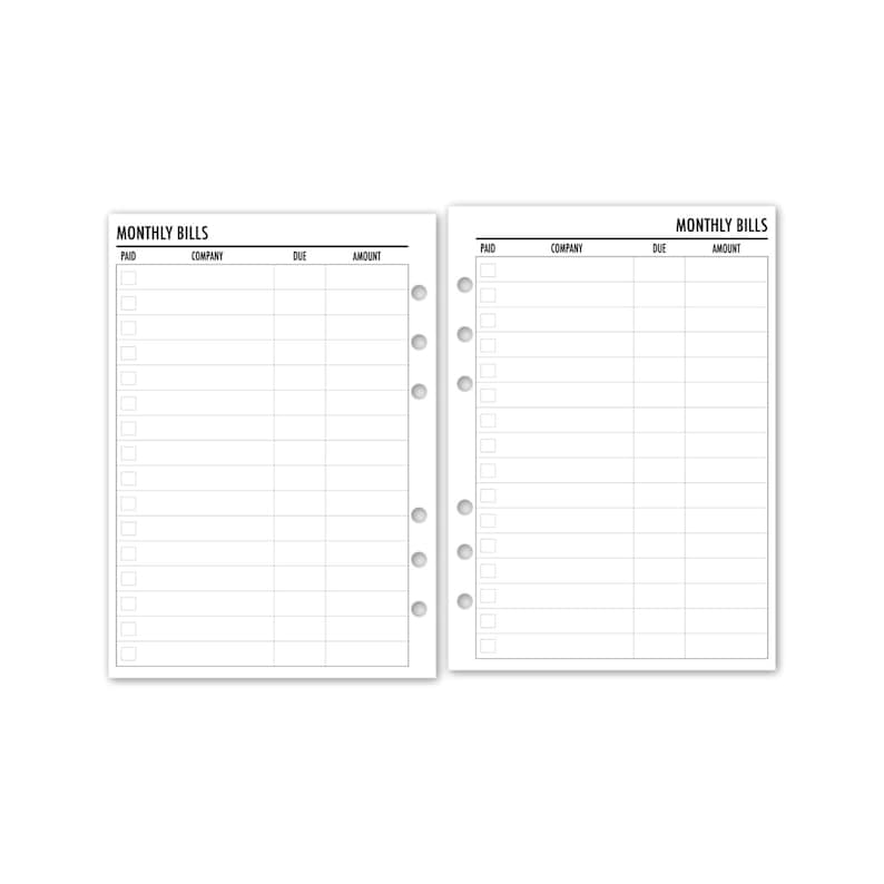 A printed monthly bill tracker with two pages. Each page has columns for paid, company, due date, and amount. The pages are designed for use in a ring binder.