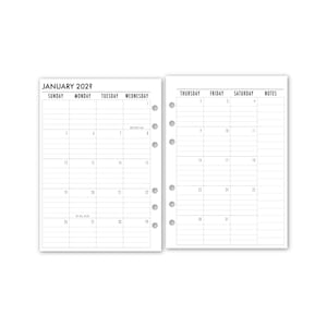May include: A black and white monthly calendar planner for January 2022. The calendar has spaces for each day of the week, with a notes section on the right side.