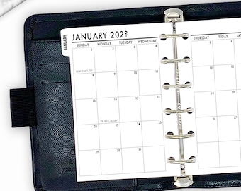 Recambio de calendario mensual con pestañas de bolsillo en 2 páginas, 8,1 cm x 12 cm, vista mensual con 12 fechas, inserto para agenda con anillas, elige el año, pestañas blancas.