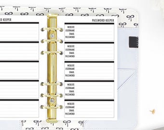 Personal Password Keeper Planner Insert, Printed Login Tracker Pages, Ring Binder