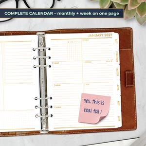 Gold Foil A5 Tabbed Complete Planner Insert, Monthly and Week on 1 Page Calendar Refill