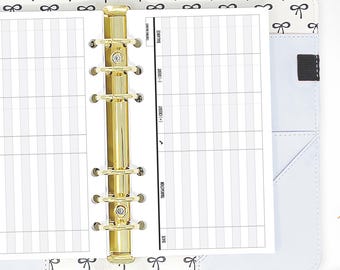 May include: A white and black patterned binder with a gold ring mechanism and a blank white page with columns for date, transaction, credit, debit, and balance.