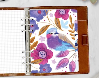 A5 Tab Divider Set with Labels, Bird Lovers, Tabbed Patterned Dividers, Feathered Friends