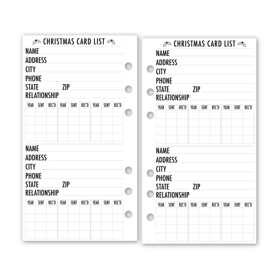 Printed Personal Rings Christmas Card List Planner Refill, 3.74 X 6.73