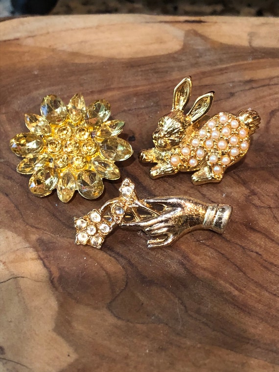 Vintage Rhinestone Pin Trio: Spring Flower, Bunny, Hand Brooches
