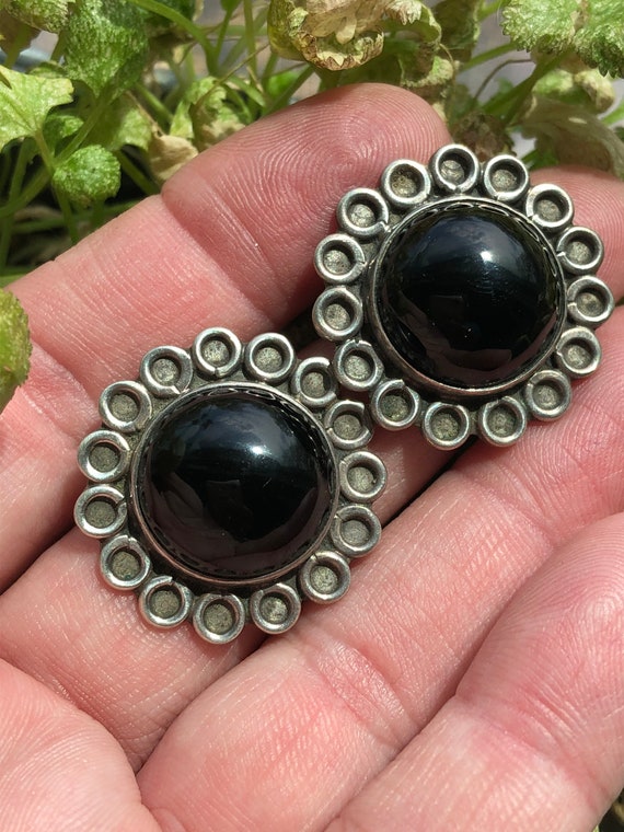 Vintage Onyx Sunflower Clip Earrings, 925 Sterling Silver, Taxco Mexico