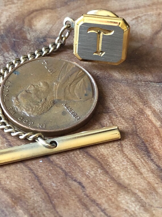 Initial T Vintage Tie Tack With Safety Chain Monogram Jewelry #monogrammedjewelry