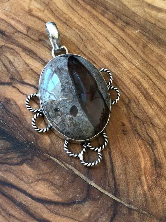 925 Silver Gray Quartz Like Glass Stone Pendant 9.71g 1 7/8 inch #sterlingsilverjewelry