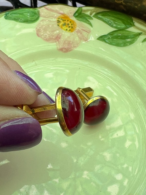 Vintage Swank Gold Tone Cufflinks, Red Glass