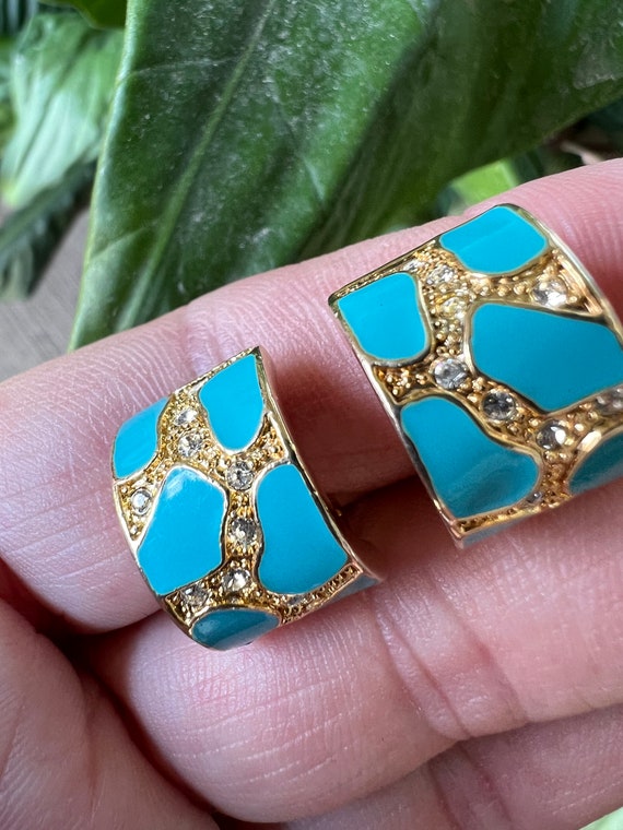 Vintage Style Gold Plate Blue Enamel and Rhinestone #clipearrings #palmbeachjewelry