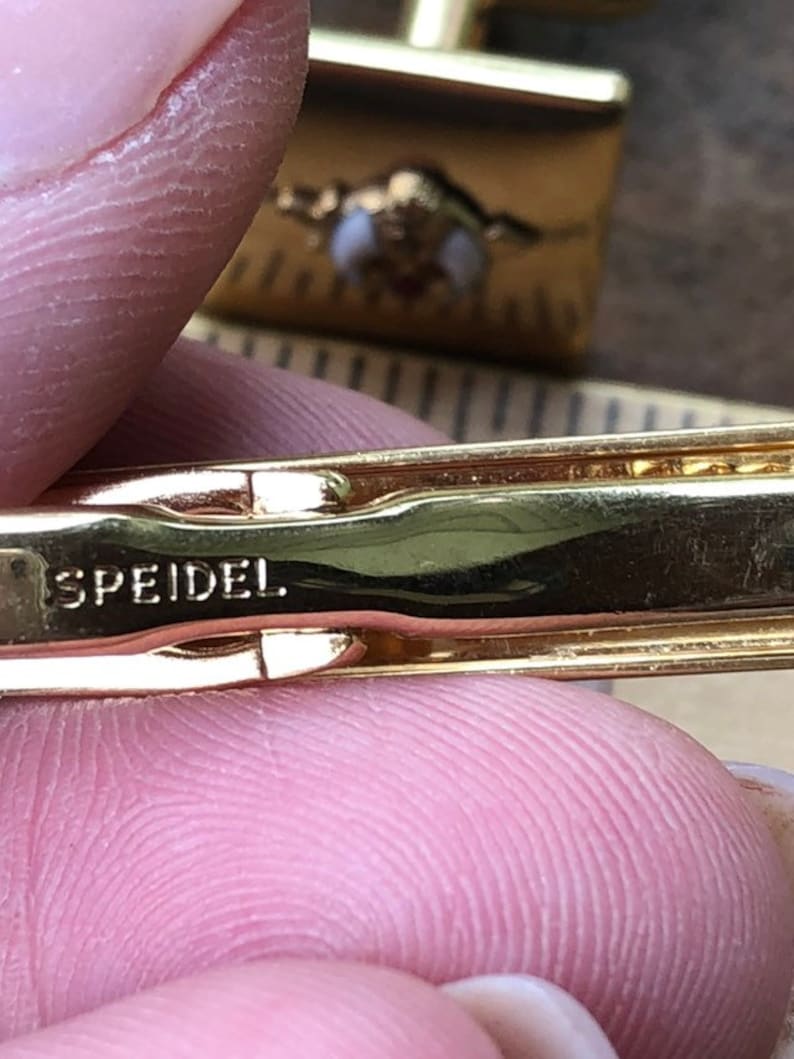 Vintage Speidel Gold Tone Cufflink and Tie Cliff Set with Enamel Accent Shiner Set
