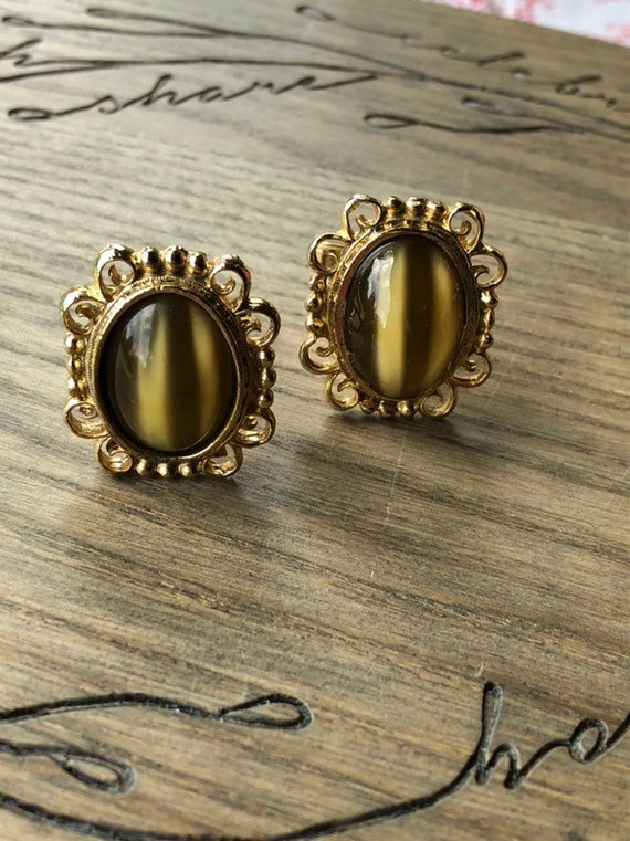 Vintage Art Deco Gold Tone Faux Tiger Eye Cufflinks
