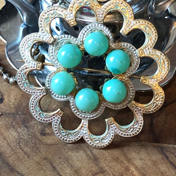 Vintage Damascene and Faux Turquoise Floral Pin Marked Spain #spanishdamascene #madeinspain #vintagespanishjewelry