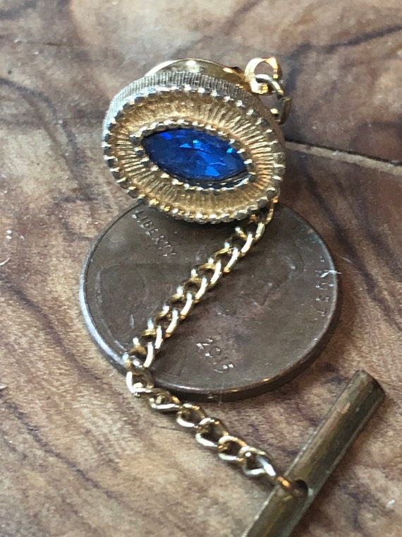 Vintage Gold Tone and Faux Sapphire Tie Tack With Safety Chain #vintagecufflinks