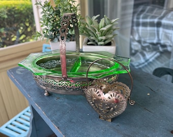 Vintage Hazel Atlas? Uranium Glass Lidded Pedestal Candy Dish