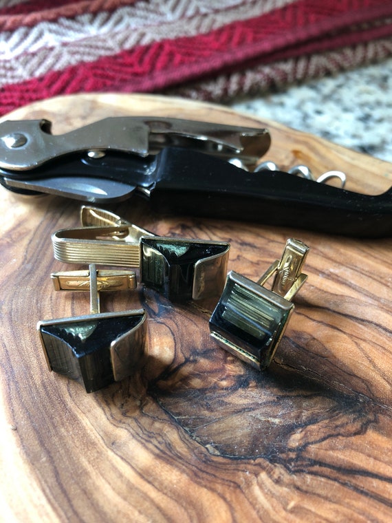 Vintage Sarah Coventry Smokey Glass Cufflink and Tie Clip Set