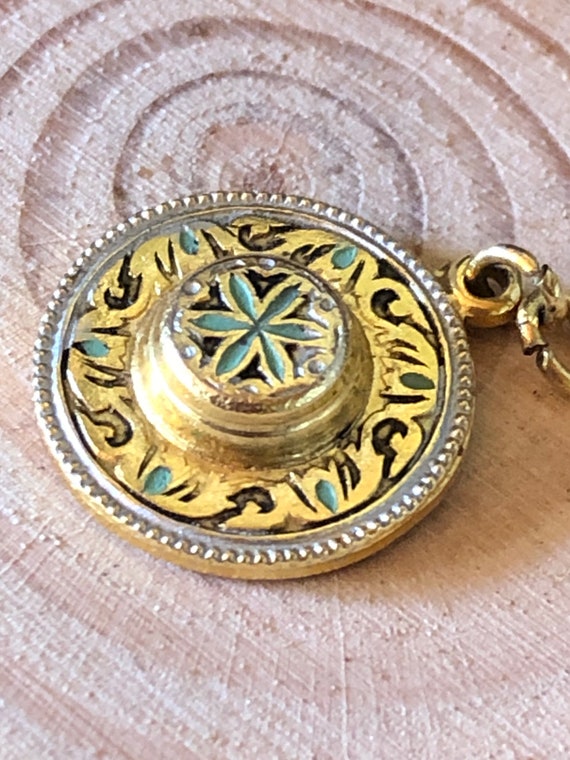 Vintage Damascene Hat Charm, Enamel Gold Pendant