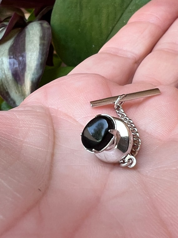 Vintage Silver Tone and Onyx Glass Tie Tack With Safety Chain #vintagecufflinks