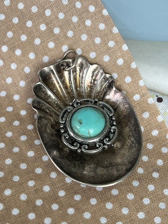 Vintage Repurposed Silver Plated Sugar Spoon Pendant with Faux Turquoise Flower Accent #vintageblossomsilverwarependant #repurposedjewelry