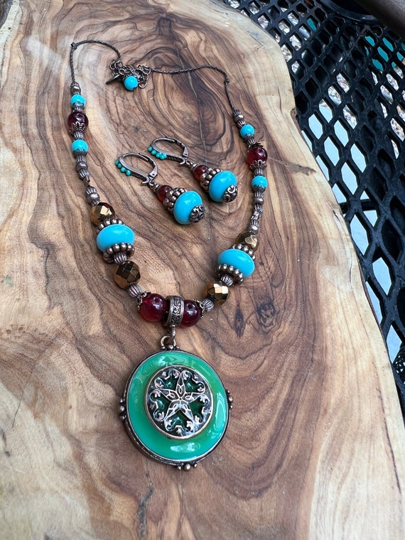 Vintage Style Beaded Necklace and Dangle Earrings, Reds, Green & Bronze, 18 inch