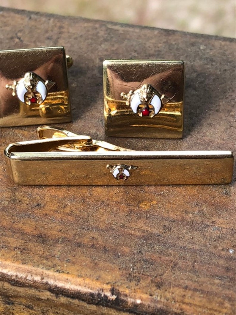Vintage Speidel Gold Tone Cufflink and Tie Cliff Set with Enamel Accent Shiner Set
