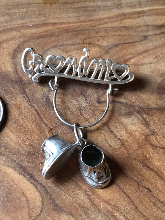 Vintage Charm Pin With Sterling Baby Shoes Grandmother Pin #giftsforfirsttimegrandmothers #grandbabies #vintagebabyshoecharm