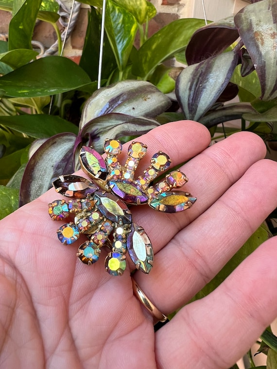 Vintage Aurora Borealis Rhinestone Clip On Earrings, 1950s Glamour