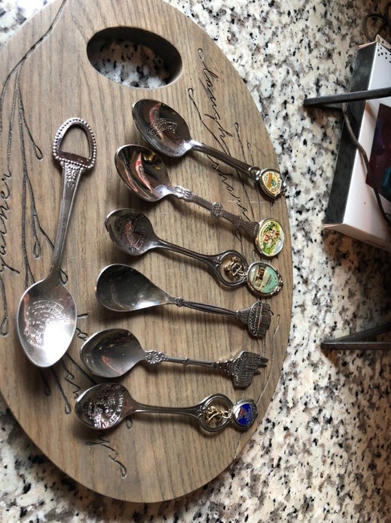 Set of 7 Travel Sugar Spoons Commemorating Travel Destinations Silver Tone #sugarspoons #vintagespoons #collectorspoons