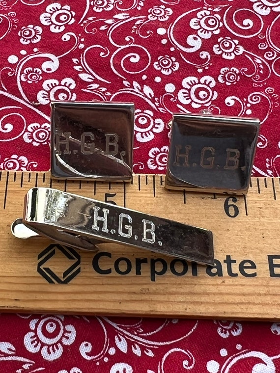 Monogram HBG Cufflink and Tie Clip Silver Tone Set #initialsHBG #vintagemonogrammedtieclips #vintagemonogramedcufflinks