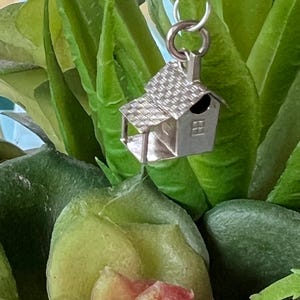 May include: A small, silver-colored house charm with a textured roof and a small window. The charm is suspended from a silver ring and hangs against a backdrop of green and pink succulent plants.