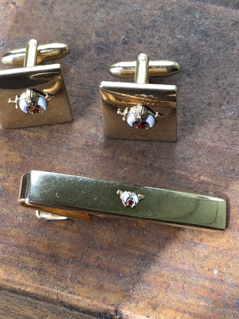 Vintage Speidel Gold Tone Cufflink and Tie Cliff Set with Enamel Accent Shiner Set