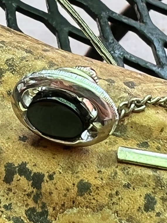 Vintage SilverTone and Black Tie Tack with Safety Chain #vintagetietacks #fathersdaygifts