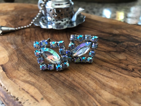 Vintage AB Rhinestone Silver Clip Earrings, Art Deco Style