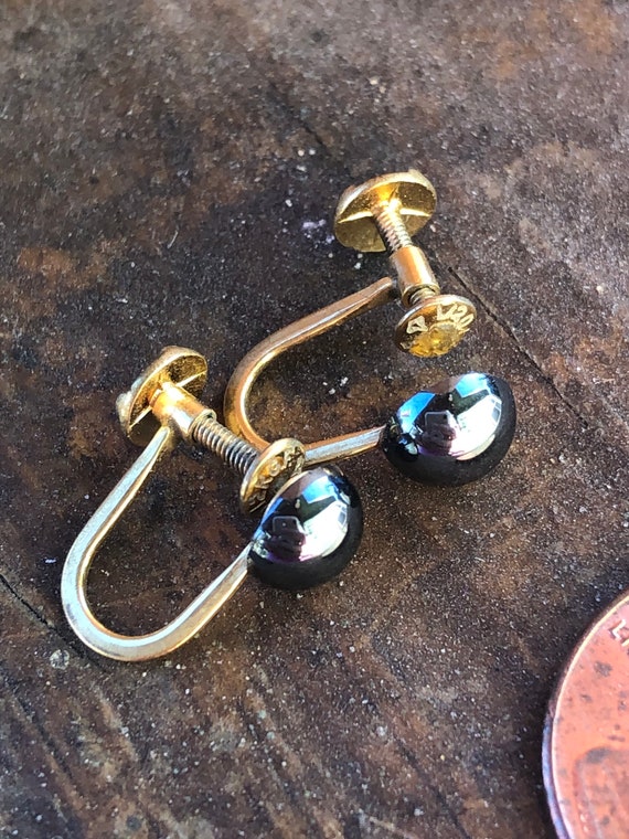 12k 1/20 Gold Real Hematite Screw Back Earrings #vintage12Kgoldearrings