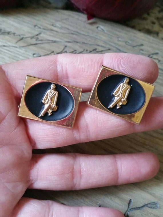 Vintage Gold Tone and Black Enamel Business Men at Work Cufflinks 1 inch #vintagecufflinks