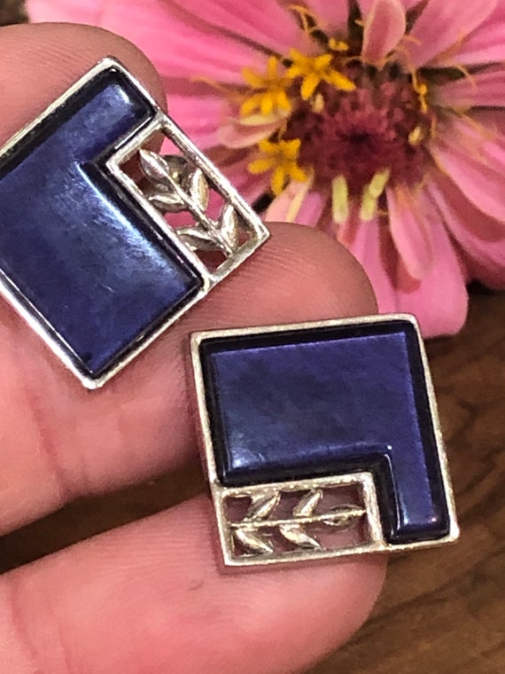 Blue Enamel and Silver Leaf Swank Collection Cufflinks #vintagecufflinks
