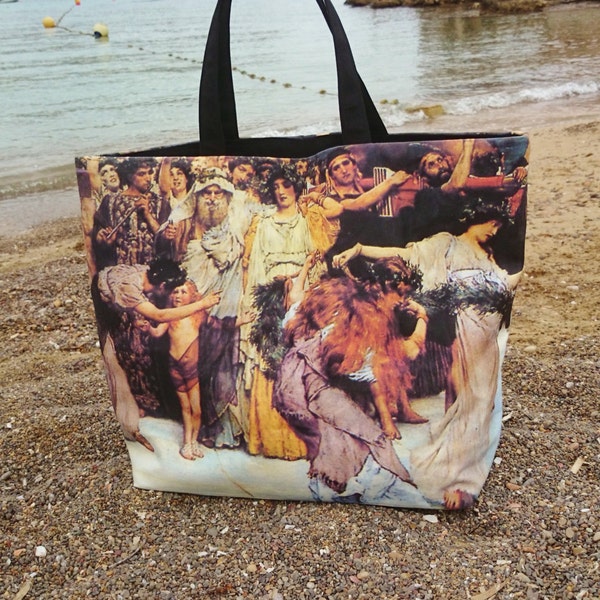 Très grand cabas toile, reproduction tableau "Une offrande à Bacchus" sac peintre designer, grand sac de plage exceptionnel mode et tendance