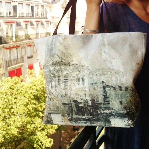 ParisTote bags, painting copy printed Sacré-coeur of Paris, beach bag, canvas bag,  handmade casual chic handbags,