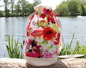 Purse, pink red orange flowers bag, spring summer fashion bag, trendy chic large handbag, luxury fabric beach bag, hand made in france
