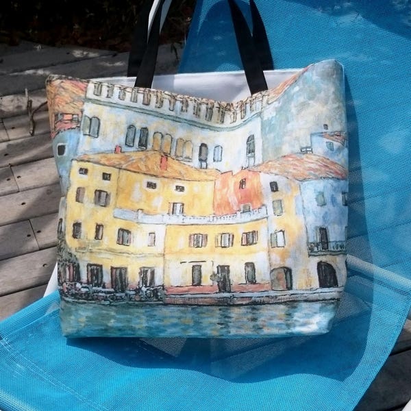 Cabas, Reproduktion des Gemäldes Malcesine von Gustav Klimt, trendige Handtasche, Strandtasche, luxus Haute Couture Tasche