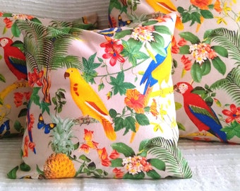 Cojín de jardín tropical, funda decorativa de algodón estampado multicolor, patrones de loros, hibiscos, plátanos, piña...