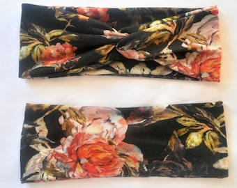 Black flowered headband.  Twist headband or turban headband. Wide headband. Fashion gift for women.