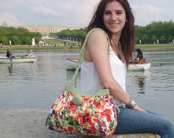 Hobo bag, red flowers, light green, trendy chic handbags for women, fabric flower handbag, handmade shoulder bag, made in France.