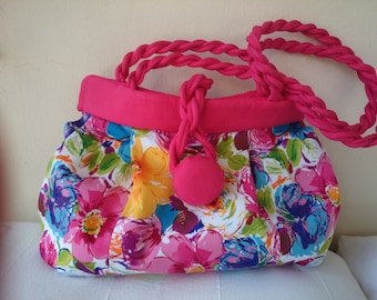 Flowered handbag, multicolor and soft red, chic and trendy women purses, designer handbags, handmade shoulder bags, made in France.