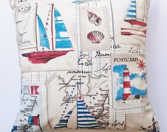 Barcos con patrón de cojín, decoración junto al mar, Funda de cojín decorativa, Cojín de velero hecho a mano hecho a mano de Francia