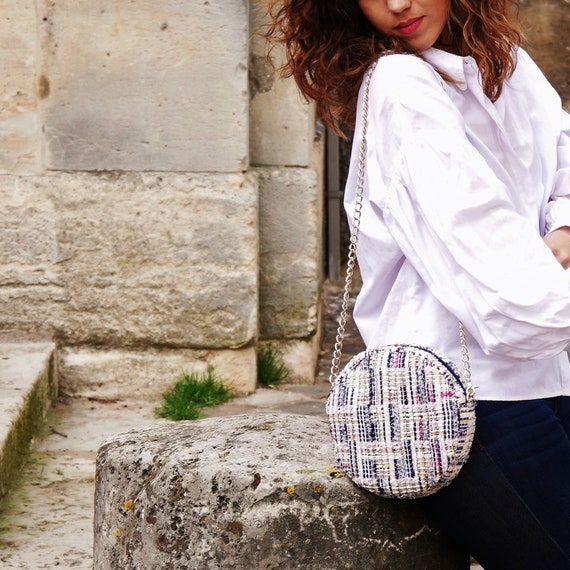 Crossbody Bag Navy Blue Pink Luxury Tweed Round Bag. Trendy