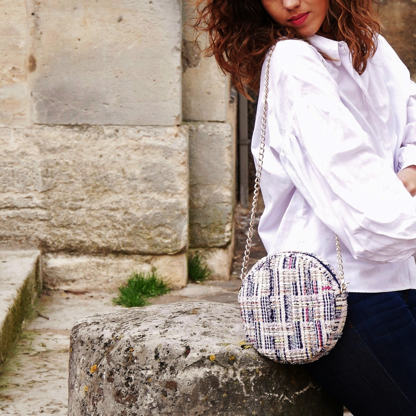 Crossbody Bag Navy Blue Pink Luxury Tweed Round Bag. 